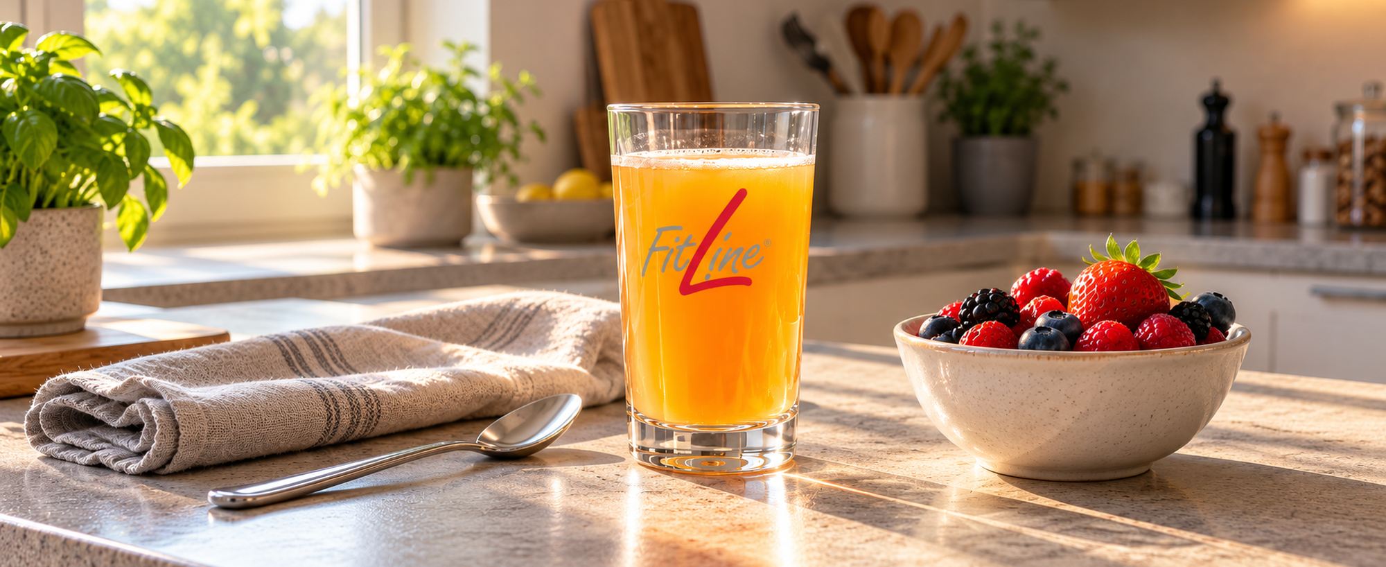 Morgens in der Küche: ein Glas und eine Schale Beeren