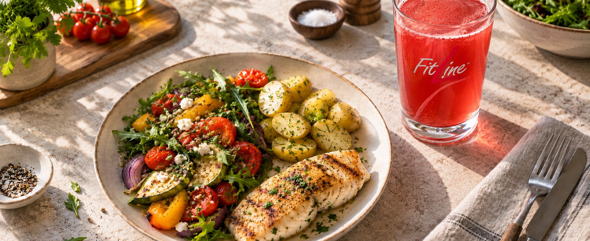 Ein Teller mit Fisch, Kartoffeln und Salat, daneben ein Glas